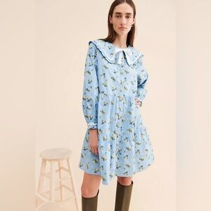 Anthropologie cras Blue Collard Floral Dress sz 36